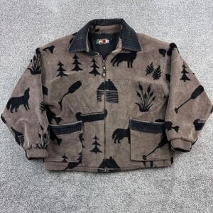 Vintage Seasons Fleece Jacket Mens Medium Brown Nature Wolf Cabin Nature Canada